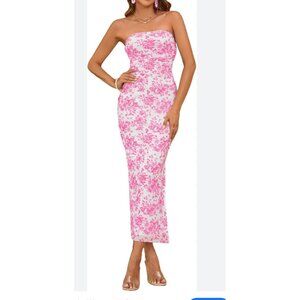Milumia Womens XS Floral Pink & White Strapless Bodycon Maxi Dress Sexy Party